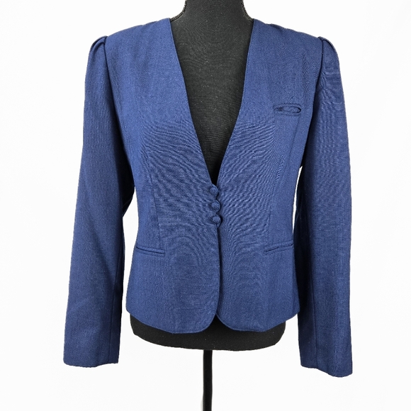 Retro SASSON Cropped One Button Navy Blue Nostalgic Blazer Size 10 - Picture 1 of 8
